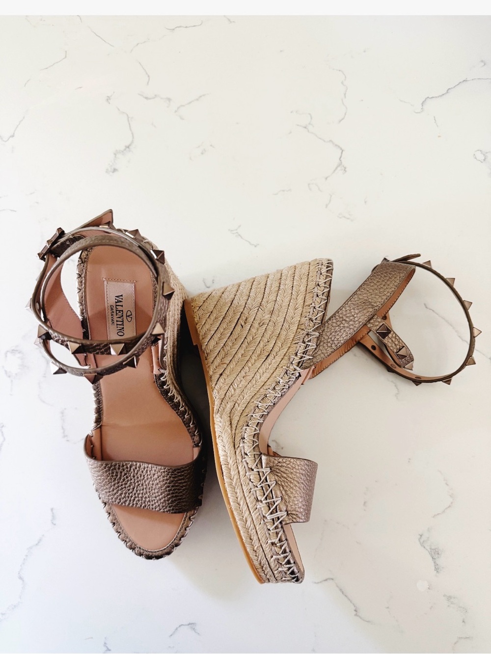 Valentino Rockstud Skin Ankle Strap Espadrille Platform Wedge Sandal Heel